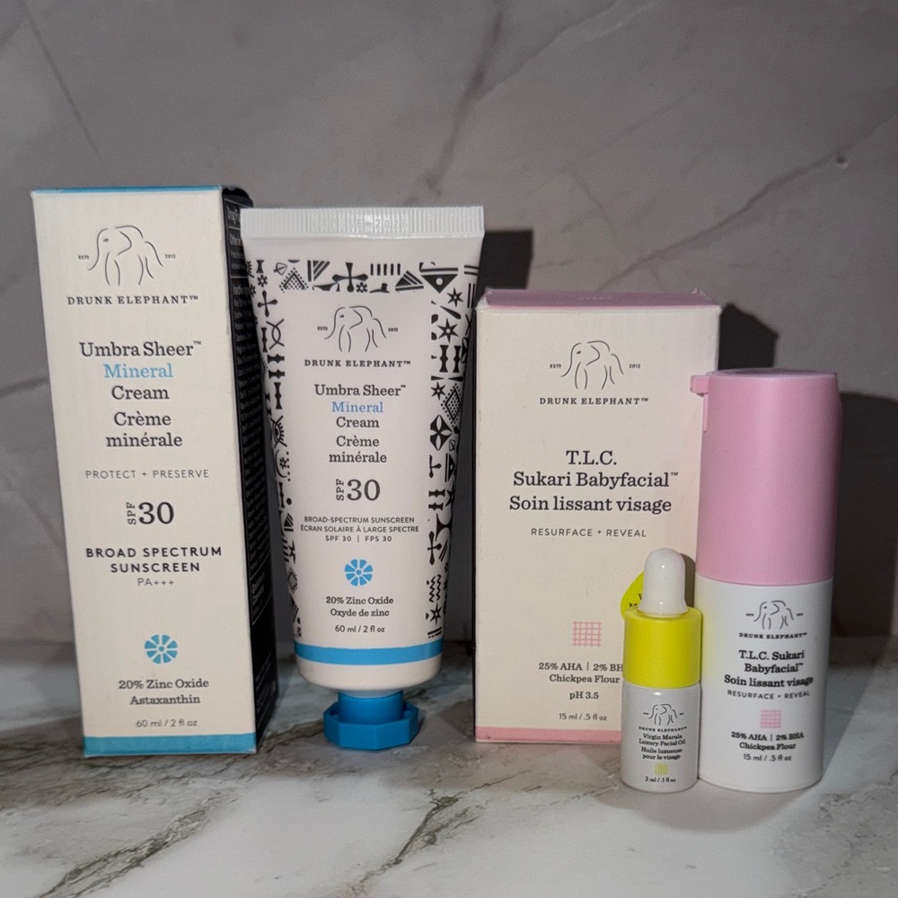 Drunk Elephant Skincare Bundle TLC BABYFACIAL+UMBRA MINERAL SUNSCREEN SPF30 NIB!